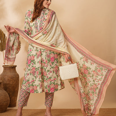 Floral Printed & Embroidered A-Line Kurta with Pant & Dupatta - Cream