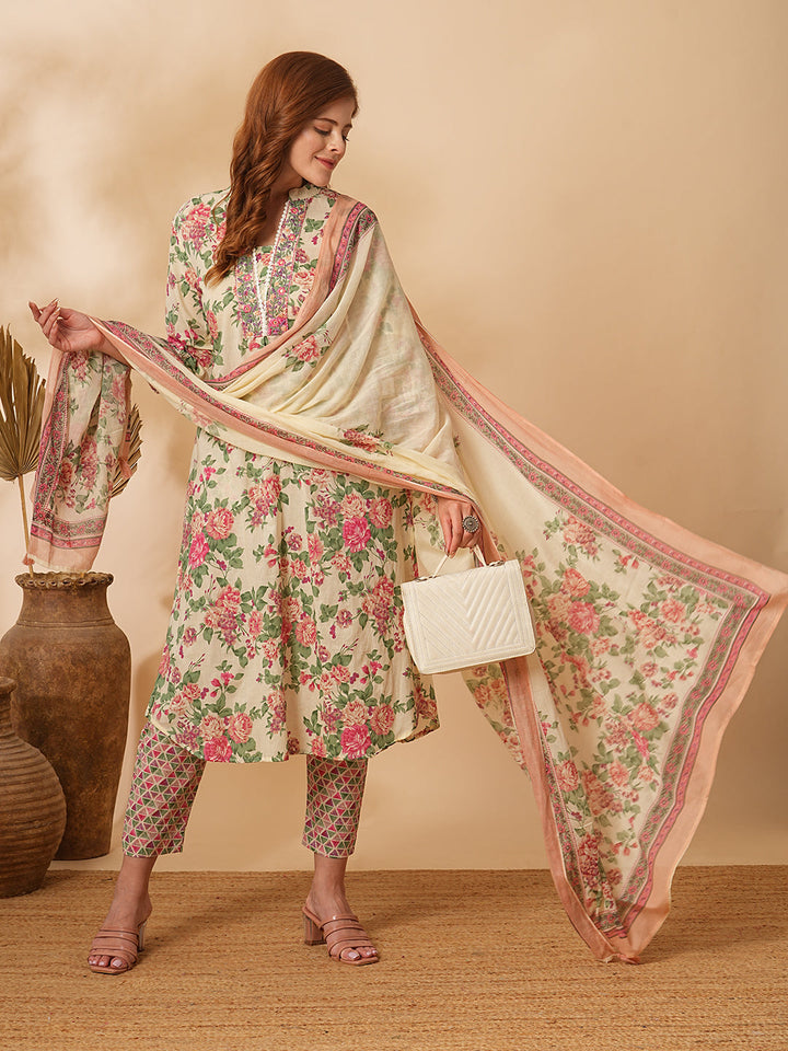 Floral Printed & Embroidered A-Line Kurta with Pant & Dupatta - Cream