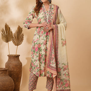Floral Printed & Embroidered A-Line Kurta with Pant & Dupatta - Cream