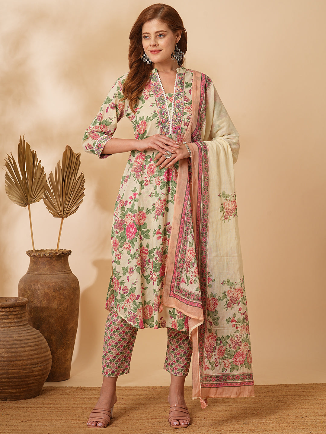 Floral Printed & Embroidered A-Line Kurta with Pant & Dupatta - Cream