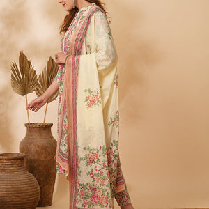 Floral Printed & Embroidered A-Line Kurta with Pant & Dupatta - Cream