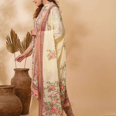 Floral Printed & Embroidered A-Line Kurta with Pant & Dupatta - Cream