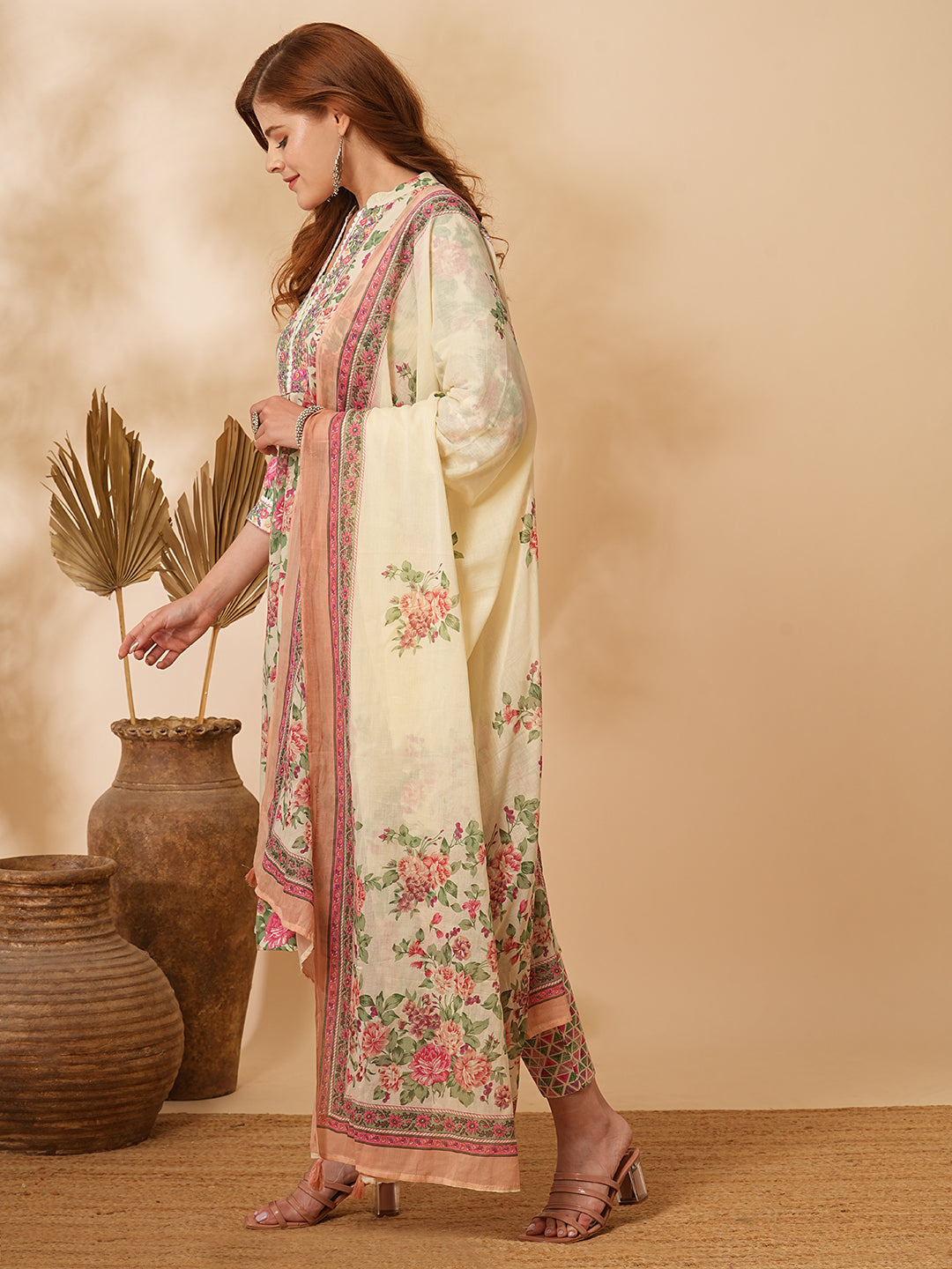 Floral Printed & Embroidered A-Line Kurta with Pant & Dupatta - Cream