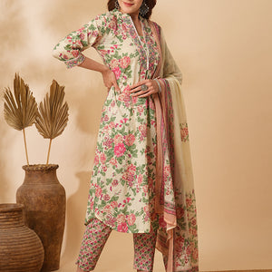 Floral Printed & Embroidered A-Line Kurta with Pant & Dupatta - Cream
