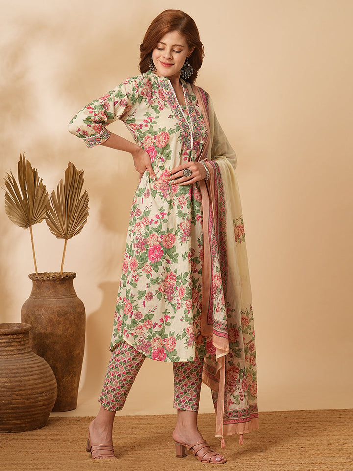 Floral Printed & Embroidered A-Line Kurta with Pant & Dupatta - Cream