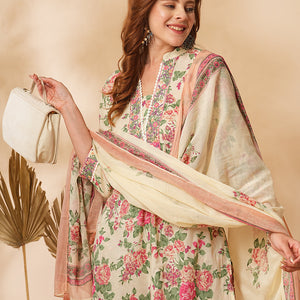 Floral Printed & Embroidered A-Line Kurta with Pant & Dupatta - Cream