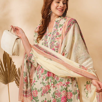 Floral Printed & Embroidered A-Line Kurta with Pant & Dupatta - Cream
