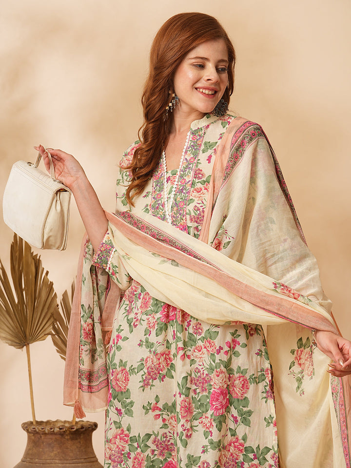 Floral Printed & Embroidered A-Line Kurta with Pant & Dupatta - Cream