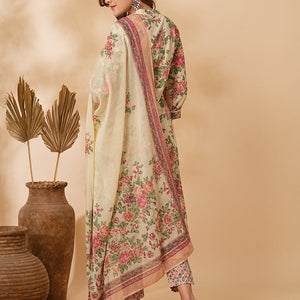 Floral Printed & Embroidered A-Line Kurta with Pant & Dupatta - Cream