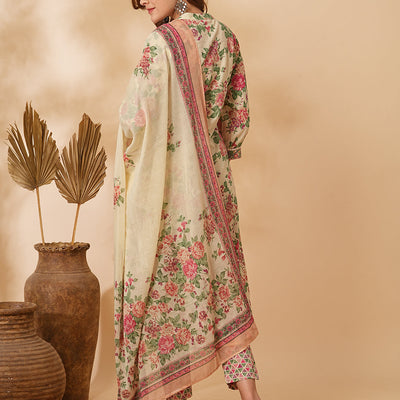 Floral Printed & Embroidered A-Line Kurta with Pant & Dupatta - Cream