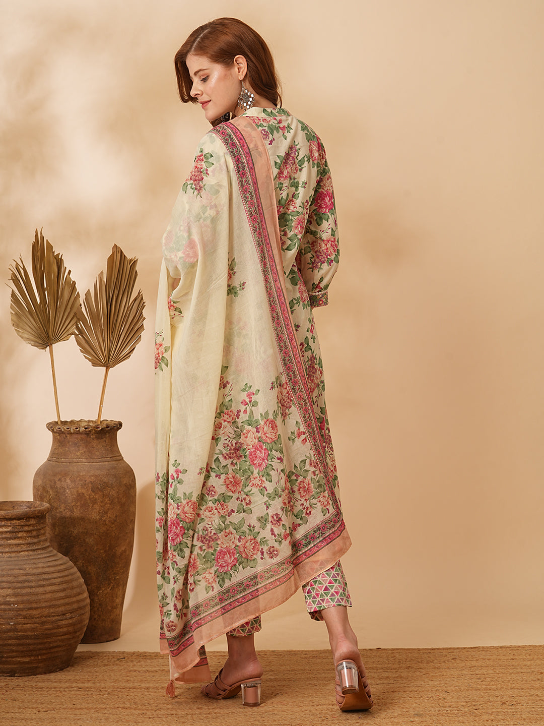 Floral Printed & Embroidered A-Line Kurta with Pant & Dupatta - Cream