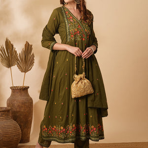 Floral & Mirror Embroidered Anarkali with Pant & Pure Cotton Dupatta - Olive Green