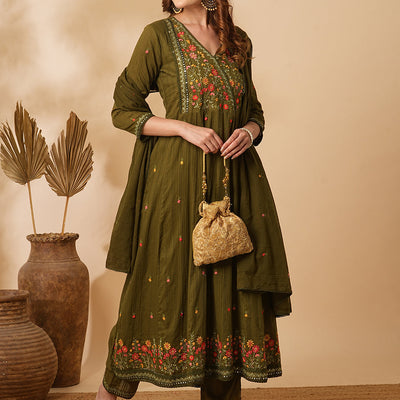 Floral & Mirror Embroidered Anarkali with Pant & Pure Cotton Dupatta - Olive Green