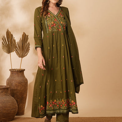 Floral & Mirror Embroidered Anarkali with Pant & Pure Cotton Dupatta - Olive Green