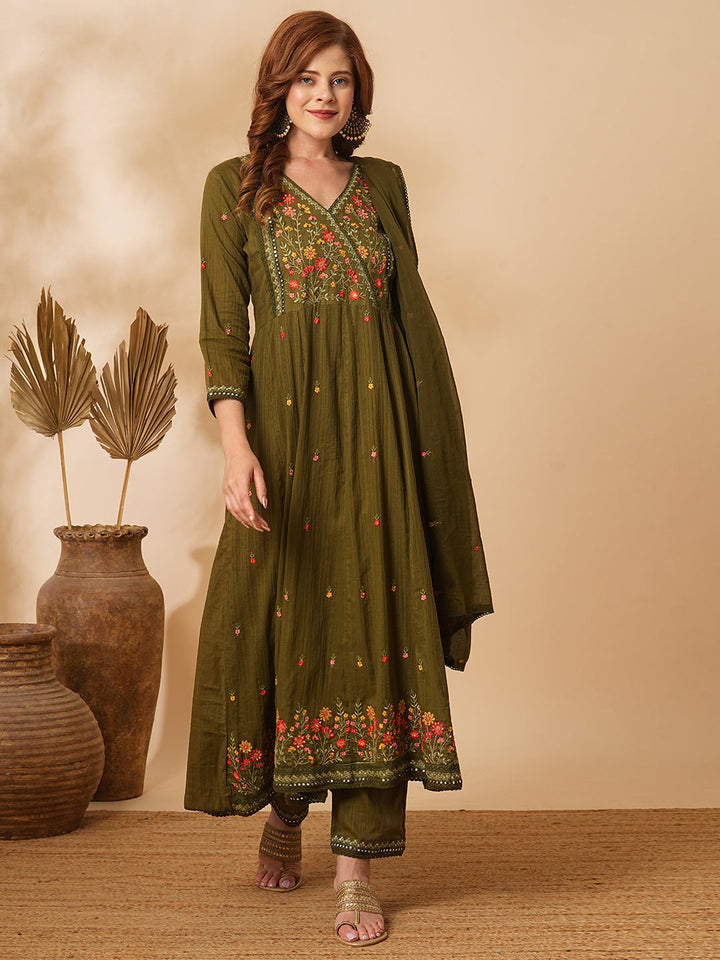 Floral & Mirror Embroidered Anarkali with Pant & Pure Cotton Dupatta - Olive Green