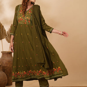Floral & Mirror Embroidered Anarkali with Pant & Pure Cotton Dupatta - Olive Green