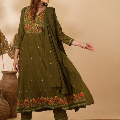 Floral & Mirror Embroidered Anarkali with Pant & Pure Cotton Dupatta - Olive Green