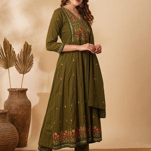 Floral & Mirror Embroidered Anarkali with Pant & Pure Cotton Dupatta - Olive Green