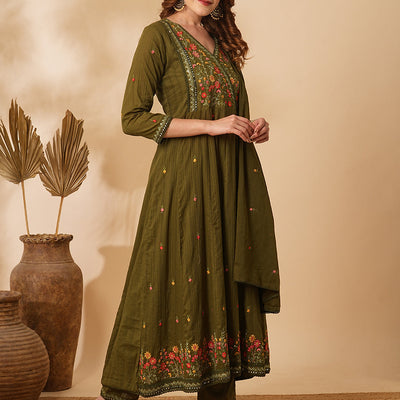 Floral & Mirror Embroidered Anarkali with Pant & Pure Cotton Dupatta - Olive Green