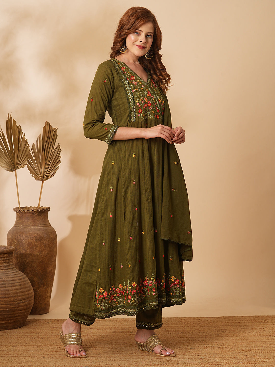 Floral & Mirror Embroidered Anarkali with Pant & Pure Cotton Dupatta - Olive Green