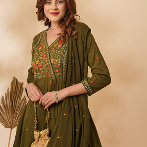 Floral & Mirror Embroidered Anarkali with Pant & Pure Cotton Dupatta - Olive Green