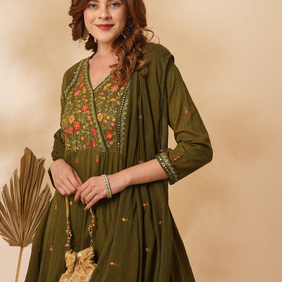 Floral & Mirror Embroidered Anarkali with Pant & Pure Cotton Dupatta - Olive Green