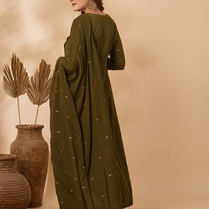 Floral & Mirror Embroidered Anarkali with Pant & Pure Cotton Dupatta - Olive Green