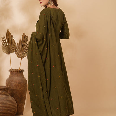 Floral & Mirror Embroidered Anarkali with Pant & Pure Cotton Dupatta - Olive Green
