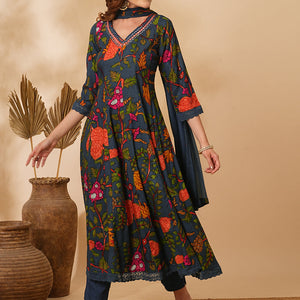 Floral Printed Mirror Embroidered Anarkali with Pant & Dupatta - Sea Green