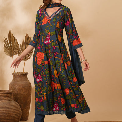 Floral Printed Mirror Embroidered Anarkali with Pant & Dupatta - Sea Green