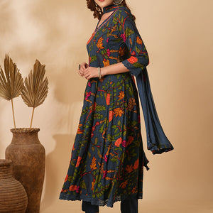 Floral Printed Mirror Embroidered Anarkali with Pant & Dupatta - Sea Green