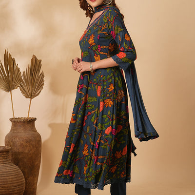 Floral Printed Mirror Embroidered Anarkali with Pant & Dupatta - Sea Green