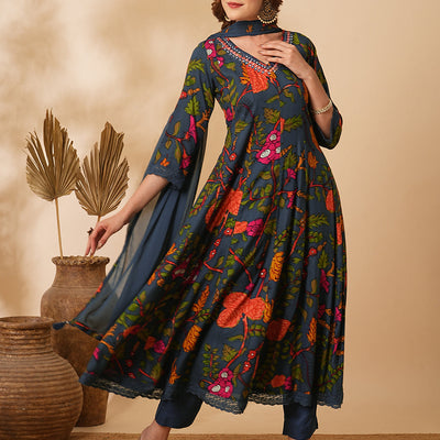 Floral Printed Mirror Embroidered Anarkali with Pant & Dupatta - Sea Green