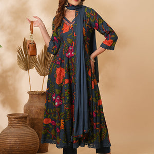 Floral Printed Mirror Embroidered Anarkali with Pant & Dupatta - Sea Green