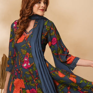 Floral Printed Mirror Embroidered Anarkali with Pant & Dupatta - Sea Green