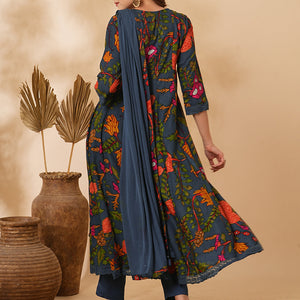 Floral Printed Mirror Embroidered Anarkali with Pant & Dupatta - Sea Green