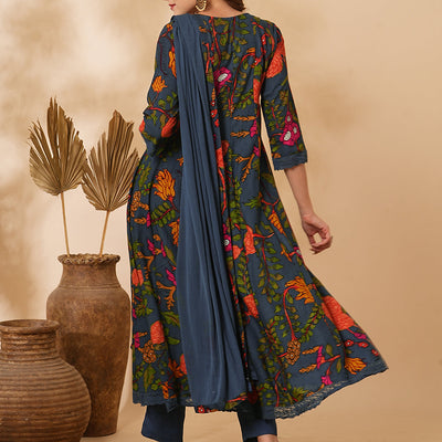 Floral Printed Mirror Embroidered Anarkali with Pant & Dupatta - Sea Green