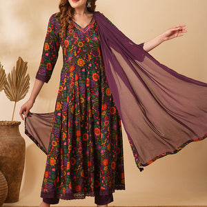 Floral Printed Mirror Embroidered Anarkali with Pant & Dupatta - Purple