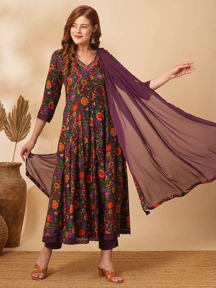 Floral Printed Mirror Embroidered Anarkali with Pant & Dupatta - Purple