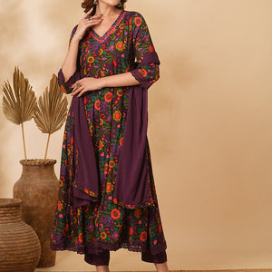Floral Printed Mirror Embroidered Anarkali with Pant & Dupatta - Purple