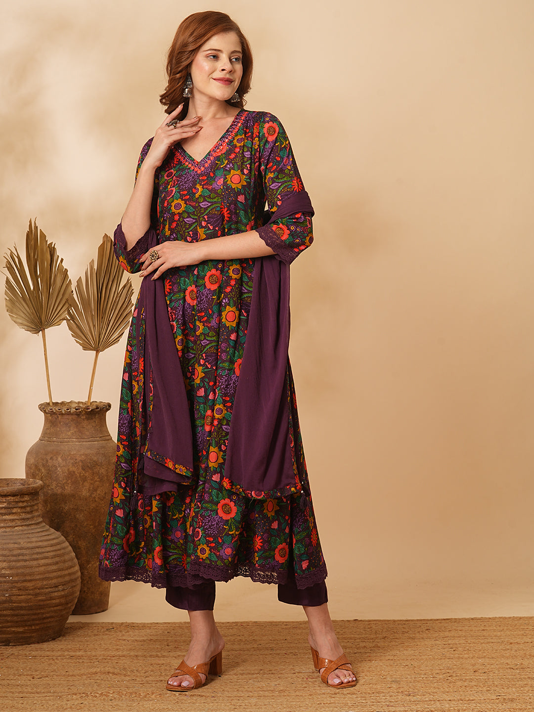 Floral Printed Mirror Embroidered Anarkali with Pant & Dupatta - Purple