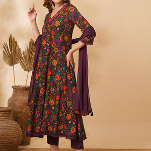 Floral Printed Mirror Embroidered Anarkali with Pant & Dupatta - Purple