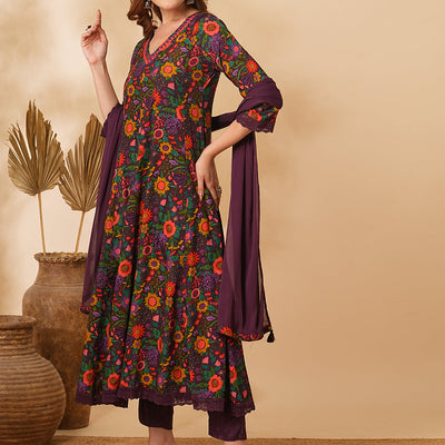 Floral Printed Mirror Embroidered Anarkali with Pant & Dupatta - Purple