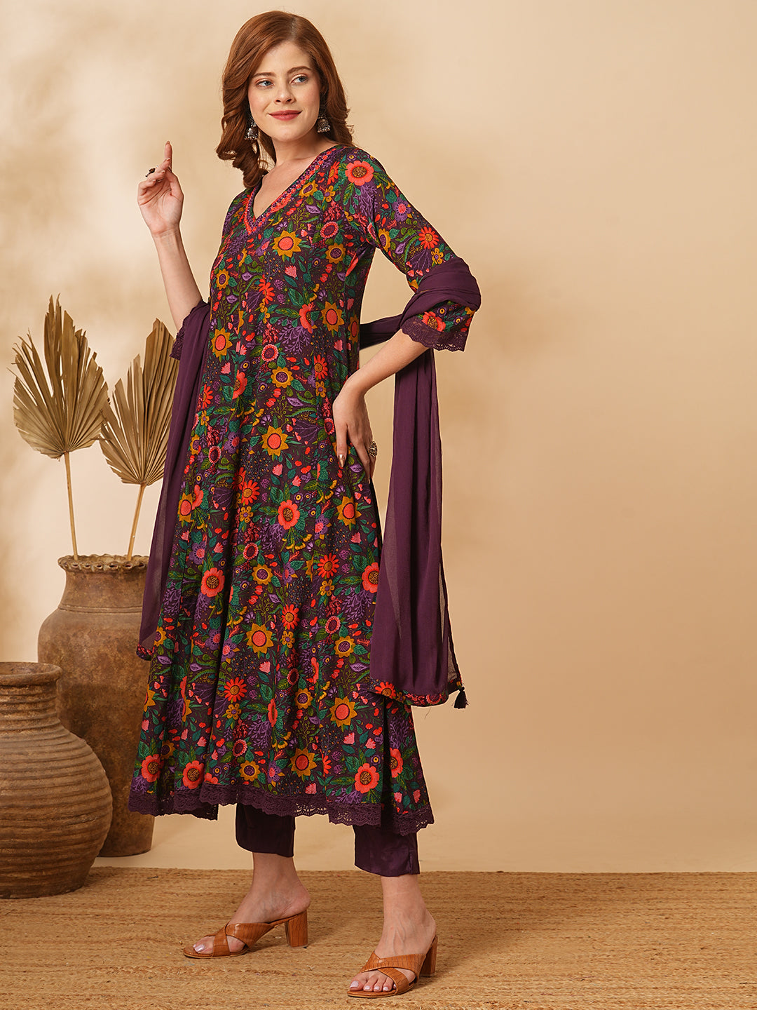 Floral Printed Mirror Embroidered Anarkali with Pant & Dupatta - Purple