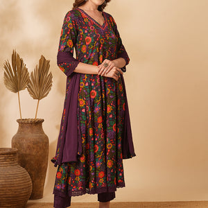 Floral Printed Mirror Embroidered Anarkali with Pant & Dupatta - Purple