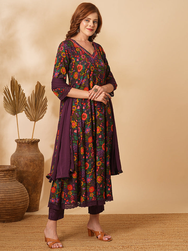 Floral Printed Mirror Embroidered Anarkali with Pant & Dupatta - Purple