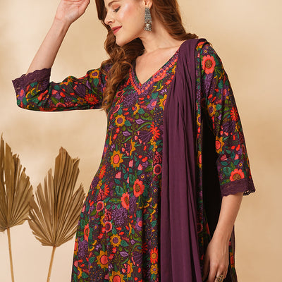 Floral Printed Mirror Embroidered Anarkali with Pant & Dupatta - Purple