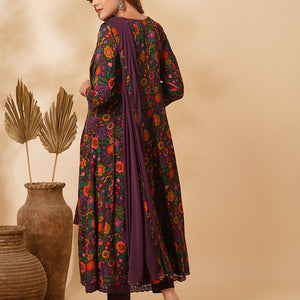 Floral Printed Mirror Embroidered Anarkali with Pant & Dupatta - Purple