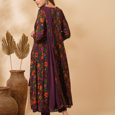 Floral Printed Mirror Embroidered Anarkali with Pant & Dupatta - Purple
