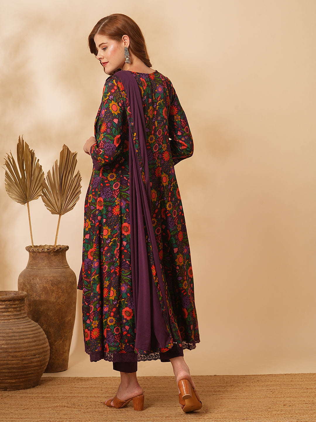 Floral Printed Mirror Embroidered Anarkali with Pant & Dupatta - Purple